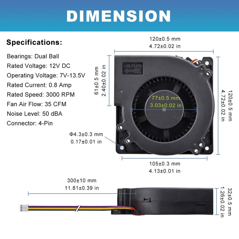 GDSTIME 120mm PWM 4 Pin 12V Dual Ball Bearing DC Brushless Blower Cooling Fan (4.72x4.72x1.26 inch), for Car Seat Amplifier Inflatables Inverter Ventilation - Image 5